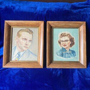 Vintage Chalk Portraits Of Man & Woman In Wooden Frames 12" x 15"